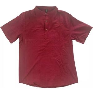 Luc Matton NEW Linen Blend Band Collar Short Sleeve Sz Medium Maroon Merlot Wine